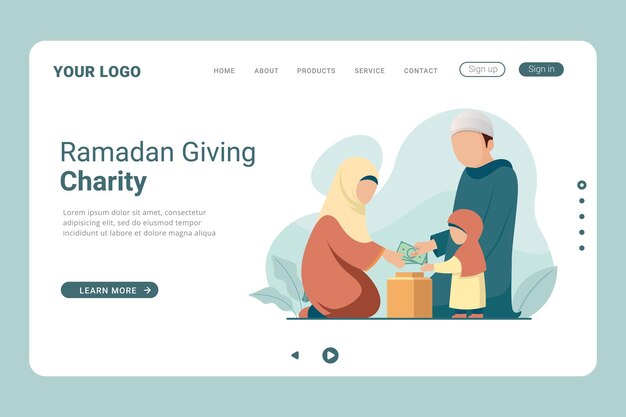 Vecteur le concept islamique du ramadan de donner la charité de la zakat ou de partager avec d'autres sur la page d'atterrissage