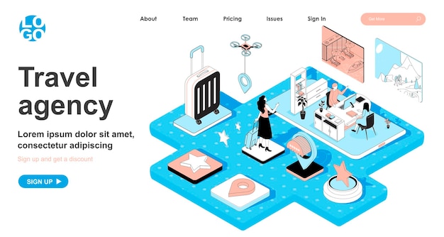 Concept Isométrique D'agence De Voyage Dans La Conception 3d Pour La Page De Destination