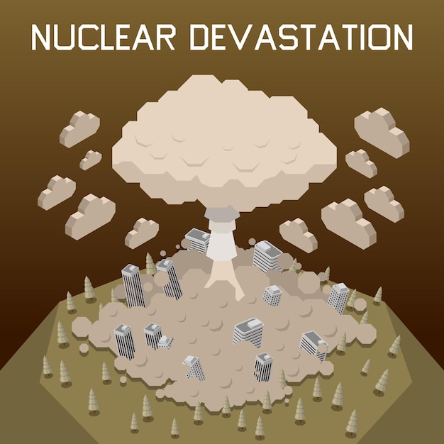 Vecteur concept isométrique de catastrophe naturelle avec illustration vectorielle de cataclysme d'explosion nucléaire