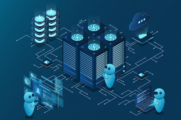 Concept isométrique de centre de données et d'hébergement Web Stockage informatique en nuage Rack de salle de serveur isométrique Illustration vectorielle