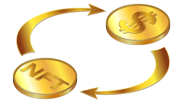 Concept Isométrique De Circulation Nft Et Dollars Usd Avec Des Pièces D'or Et Des Flèches Cycliques Isolées Sur Blanc. Rotation Des Jetons Et De L'argent Non Fongibles. élément De Conception.