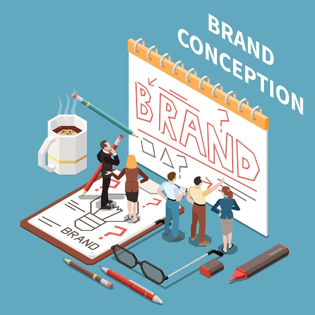 Concept isométrique de construction de marque avec des employés dessinant sur papier