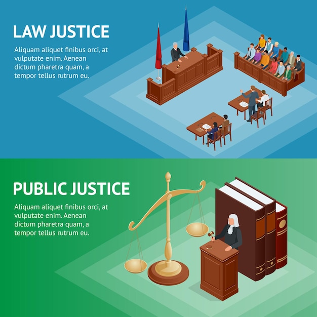 Vecteur concept isométrique de droit et de justice. thème de la loi, maillet du juge, balance de la justice, livres, illustration vectorielle de la statue de la justice.