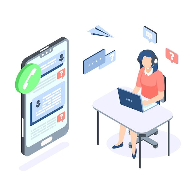 Concept isométrique du centre d'appels Support client aide bannière web Vector illustration professionnelle