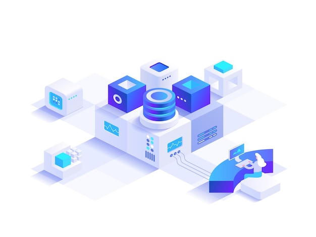 Concept isométrique d'entreprise et de démarrage femme travaille sur le lieu de travail gère les processus et les systèmes à l'intérieur du projet analyse de base de données informatique en ligne illustration de caractère vectoriel dans la conception isométrique