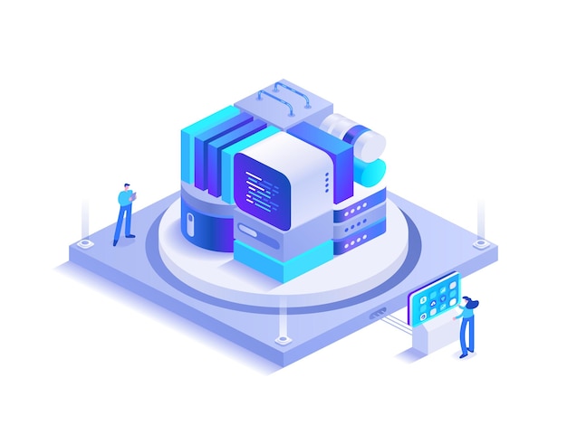 Concept isométrique d'entreprise et de démarrage Les gens travaillent ensemble au développement de projets Travail d'équipe dans la gestion et la collaboration de l'entreprise Illustration de caractères vectoriels dans la conception isométrique