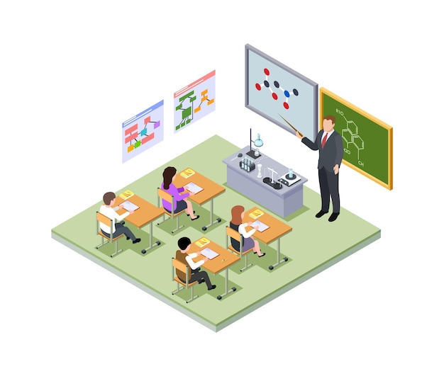 Concept Isométrique De Leçon D'école Enseignant Enfants à Des Bureaux En Classe équipement De Chimie Et Formules Moléculaires Illustration Vectorielle De Jeunes étudiants En Médecine