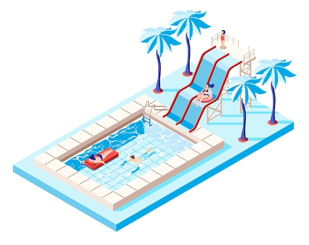 Concept isométrique de parc aquatique avec toboggans et illustration de piscine