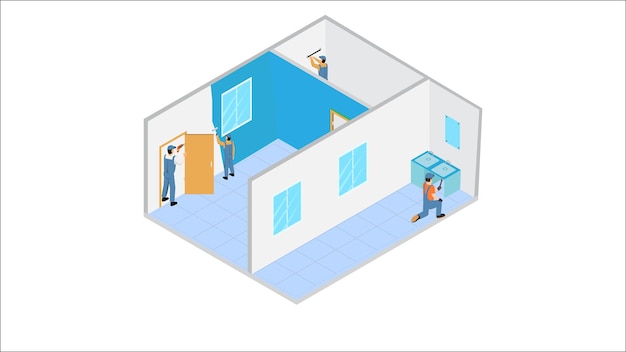 Concept Isométrique De Réparation à Domicile Serti De Travailleurs Isolés Sur L'installation De Menuiserie Peinture Blanche De La Porte Des Toilettes Et De La Fenêtre Illustration Vectorielle Isolée