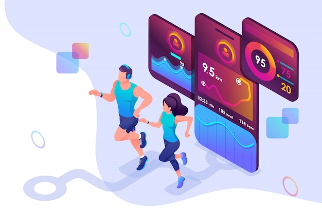 Concept isométrique s'entraînent ensemble, atteignez votre objectif en utilisant l'application mobile pour suivre votre activité.