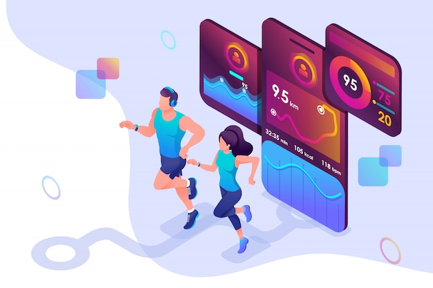 Vecteur concept isométrique s'entraînent ensemble, atteignez votre objectif en utilisant l'application mobile pour suivre votre activité.