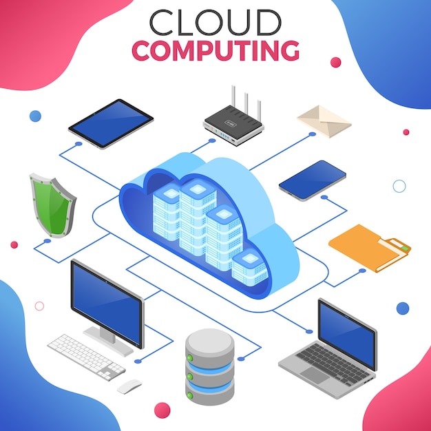 Concept Isométrique De Technologie De Cloud Computing Avec Des Icônes De Serveur Et De Bouclier