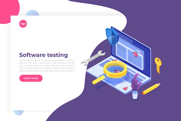 Concept Isométrique De Test De Logiciel Ou D'application. Débogage Du Processus De Développement.