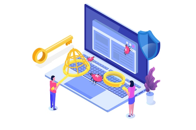 Concept isométrique de test de logiciel ou d'application. Débogage du processus de développement.