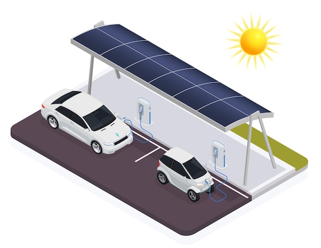 Vecteur concept isométrique de transport électromobile avec des voitures électriques chargeant avec illustration vectorielle de panneau solaire