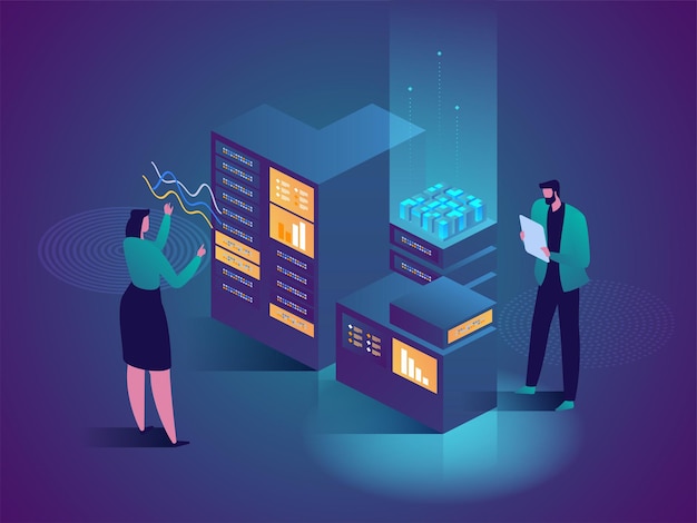 Concept Isométrique De Vecteur D'analyse De Données. Mise En Page Du Site Web De L'infrastructure De L'ordinateur Central Du Réseau. Technicien En Arrière-plan De Centre De Données Ou De Salle De Centre De Données. Stockage Informatique Ou Poste De Travail Agricole.