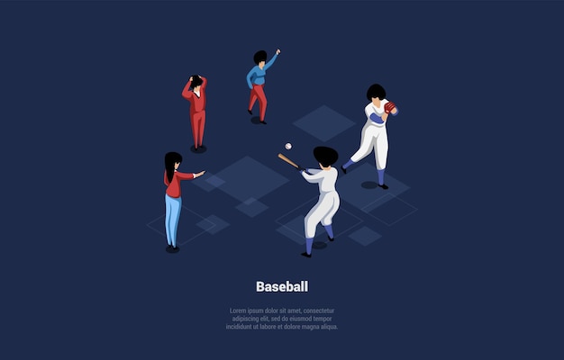 Concept De Jeu De Baseball Et D'équipe De Baseball De L'académie Sportive Jouant Au Match Joueur D'équipe Lançant La Balle à L'adversaire Les Arbitres Et Les Fans Regardent Le Jeu Illustration Vectorielle 3d De Dessin Animé Isométrique