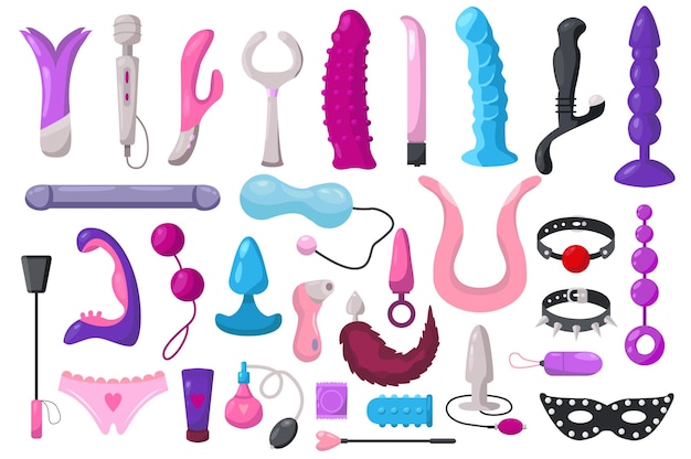 Vecteur concept de jeu de jouets sexuels mignons sans scène de personnes dans la conception de dessin animé image de divers jouets sexuels