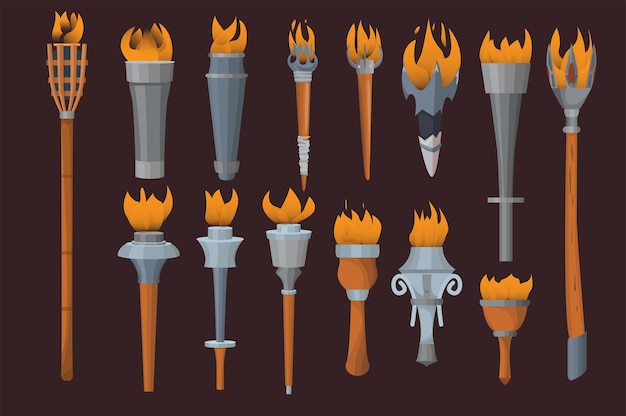 Concept de jeu de torche de queue de fée antique dans le style de dessin animé sur le fond Torches en bois et en métal