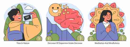 Vecteur le concept de jeûne à la dopamine englobe les pauses numériques, la compréhension de la chimie du cerveau et la culture