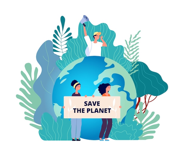 Concept De Jour De La Terre. Sauver La Planète, Groupe Avec Des Affiches. Nature, écovolontariat International