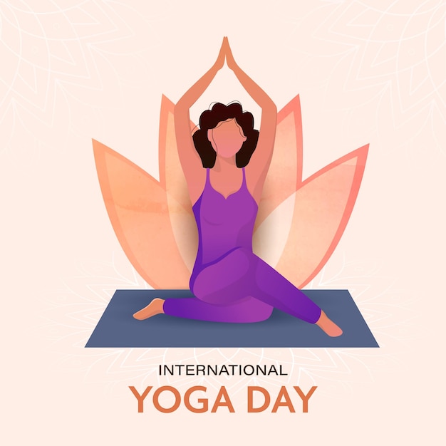 Concept De La Journée Internationale Du Yoga Avec Une Jeune Femme Sans Visage Pratiquant Le Yoga Sukhasana Pose Et Fleur De Lotus Sur Fond De Pêche Pastel