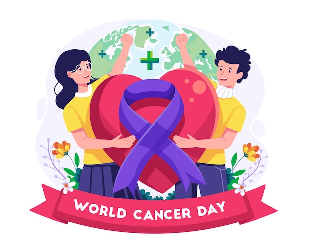 Concept De La Journée Mondiale Du Cancer Avec Un Homme Et Une Femme Tenant Un Grand Symbole De Coeur Avec Illustration De Ruban