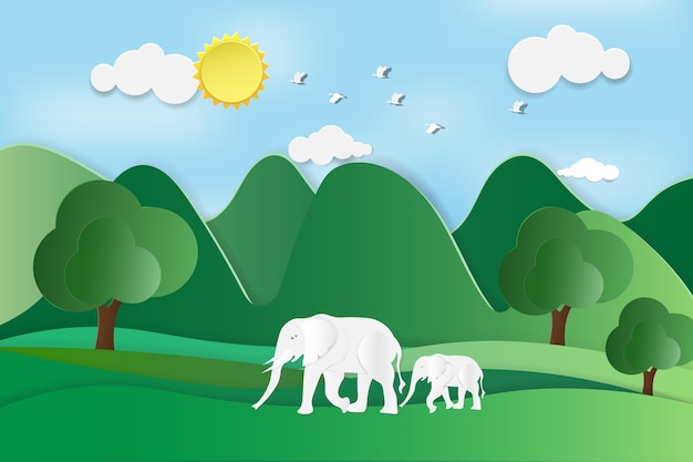 Concept Journée mondiale de la faune avec éléphant dans la forêt et ciel bleu