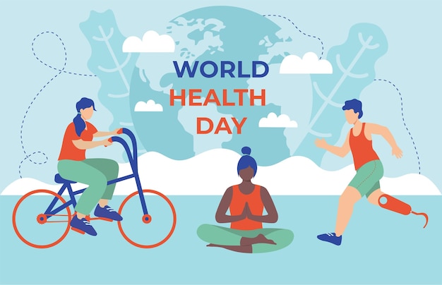concept de journée mondiale de la santé avec vélo de yoga et coureur avec illustration vectorielle prothétique en st plat