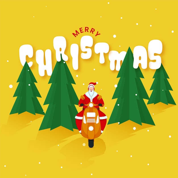 Concept De Joyeux Noël Avec Le Père Noël à Cheval Sur Un Scooter Et Des Arbres De Noël Coupés En Papier Sur Fond Jaune