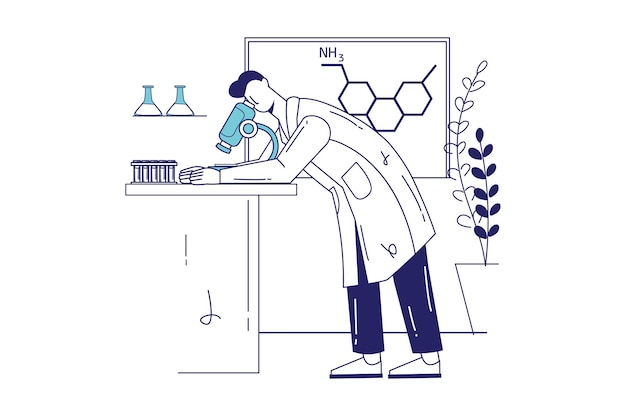 Concept de laboratoire scientifique dans la conception de ligne plate pour la bannière Web. L'homme scientifique regarde au microscope et fait des tests dans des flacons en laboratoire, scène de personnes modernes. Illustration vectorielle dans le style graphique de contour