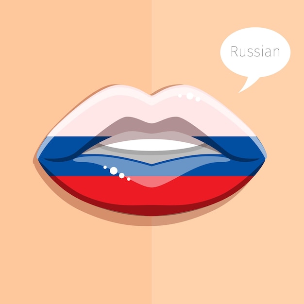 Concept De Langue Russe. Lèvres Glamour Avec Maquillage Du Drapeau Russe, Visage De Femme.