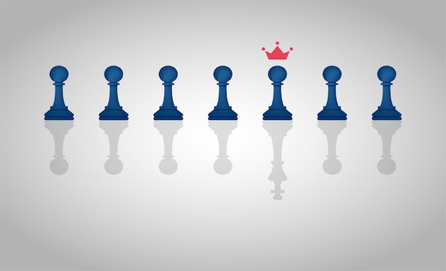 Concept de leadership avec groupe de pièces de pion d'échecs avec une seule pièce jetant une ombre d'une illustration de roi.
