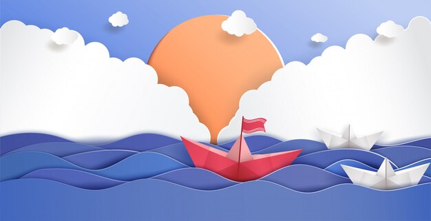 Concept De Leadership Et Origami Fabriqué En Bateau En Papier Rouge.