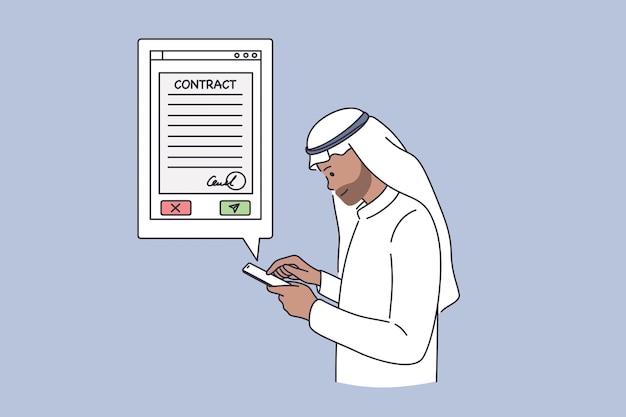 Concept En Ligne De Contrats Commerciaux Arabes. Personnage De Dessin Animé D'homme D'affaires De L'émirat Arabe Debout Avec Un Smartphone à La Recherche D'informations Sur Le Contrat D'accord Dans L'illustration Vectorielle Internet