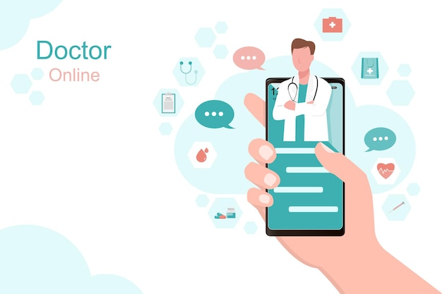 Le concept en ligne du médecin tient à la main un téléphone mobile utilise des informations médicales en ligne pour accéder par vous-même aux informations sur la santé