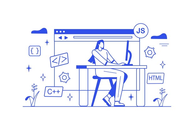 Concept de ligne de logiciel de programmation avec scène de personnes dans le style de dessin animé plat un programmeur travaille