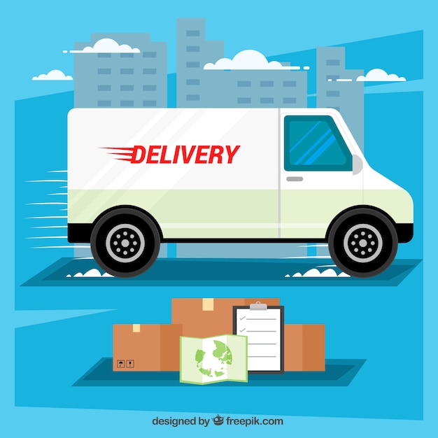 Concept de livraison avec camion, caisse et carte