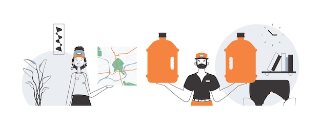Concept de livraison d'eau L'équipe livre l'eau à la maison style linéaire