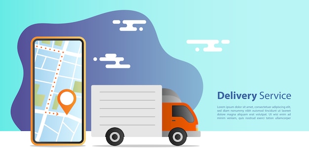 Concept De Livraison Express En Ligne. Livraison Par Camion Pour Service Avec Application Mobile De Localisation. Concept De Commerce électronique.
