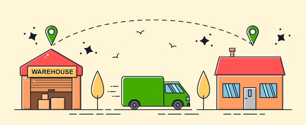 Concept de livraison rapide camion de fret transporte les marchandises du magasin à la maison de l'acheteur faire des achats à domicile