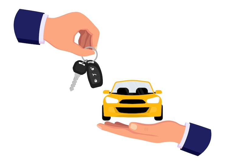 Vecteur concept de location ou de vente de voitures service d'autopartage main donnant des clés de voiture à une autre main vente d'essai de location ou service de location de voiture illustration vectorielle plane moderne isolée sur fond blanc