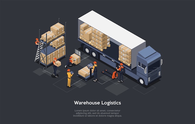 Concept De Logistique D'entrepôt Isométrique. Intérieur Moderne De L'entrepôt, Processus De Chargement Et De Déchargement Des Véhicules De Livraison. équipement Pour La Livraison De Marchandises. Illustration Vectorielle.