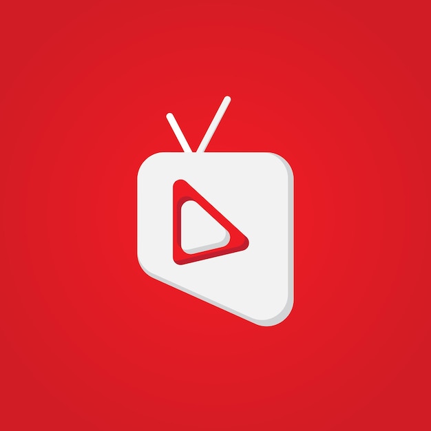 Concept de logo de chaîne de télévision en ligne ou de société de radiodiffusion Modèle de conception de logo de marque picturale avec élément de forme de bouton de télévision et de lecture rouge et blanc comme identité de couleur