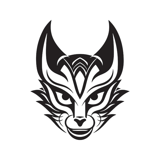 Concept de logo de masque kitsune japonais illustration dessinée à la main de couleur noir et blanc