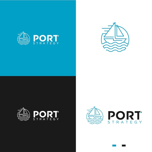 Vecteur concept de logo de navire portuaire avec logo monogramme waves