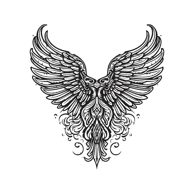Concept de logo vintage aile angélique couleur noir et blanc illustration dessinée à la main
