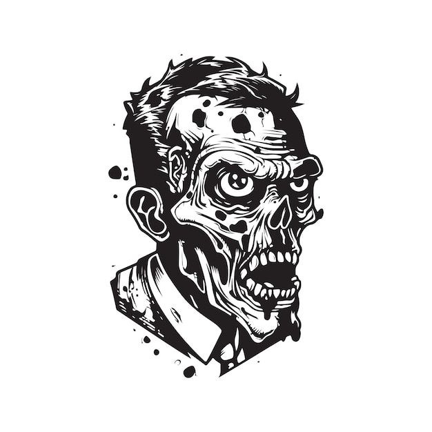 Concept de logo vintage zombie couleur noir et blanc illustration dessinée à la main