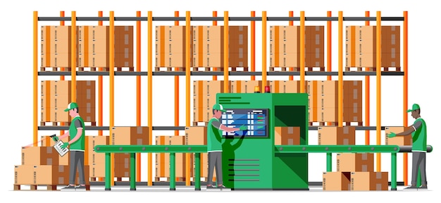 Vecteur concept de machine à bande transporteuse dans l'entrepôt