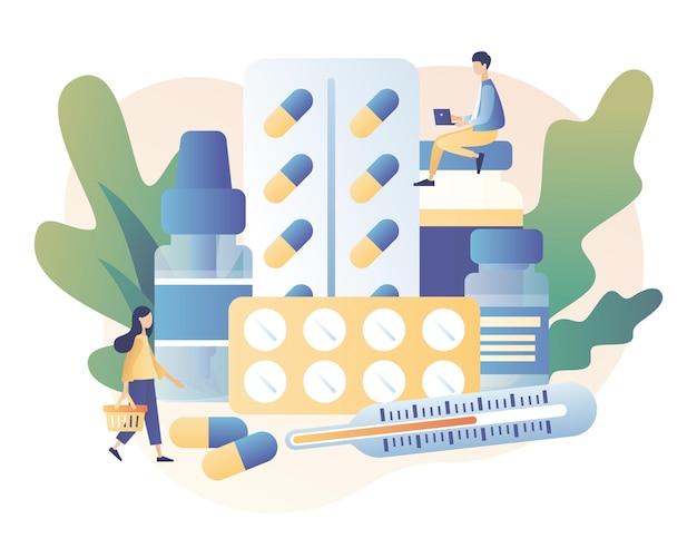 Concept de magasin de pharmacie en ligne Acheter des médicaments et des médicaments en ligne Petites personnes Pharmaciens